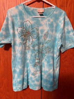 Studio Works Turquoise Tie-Dye Floral Sequin Short Sleeve Tee